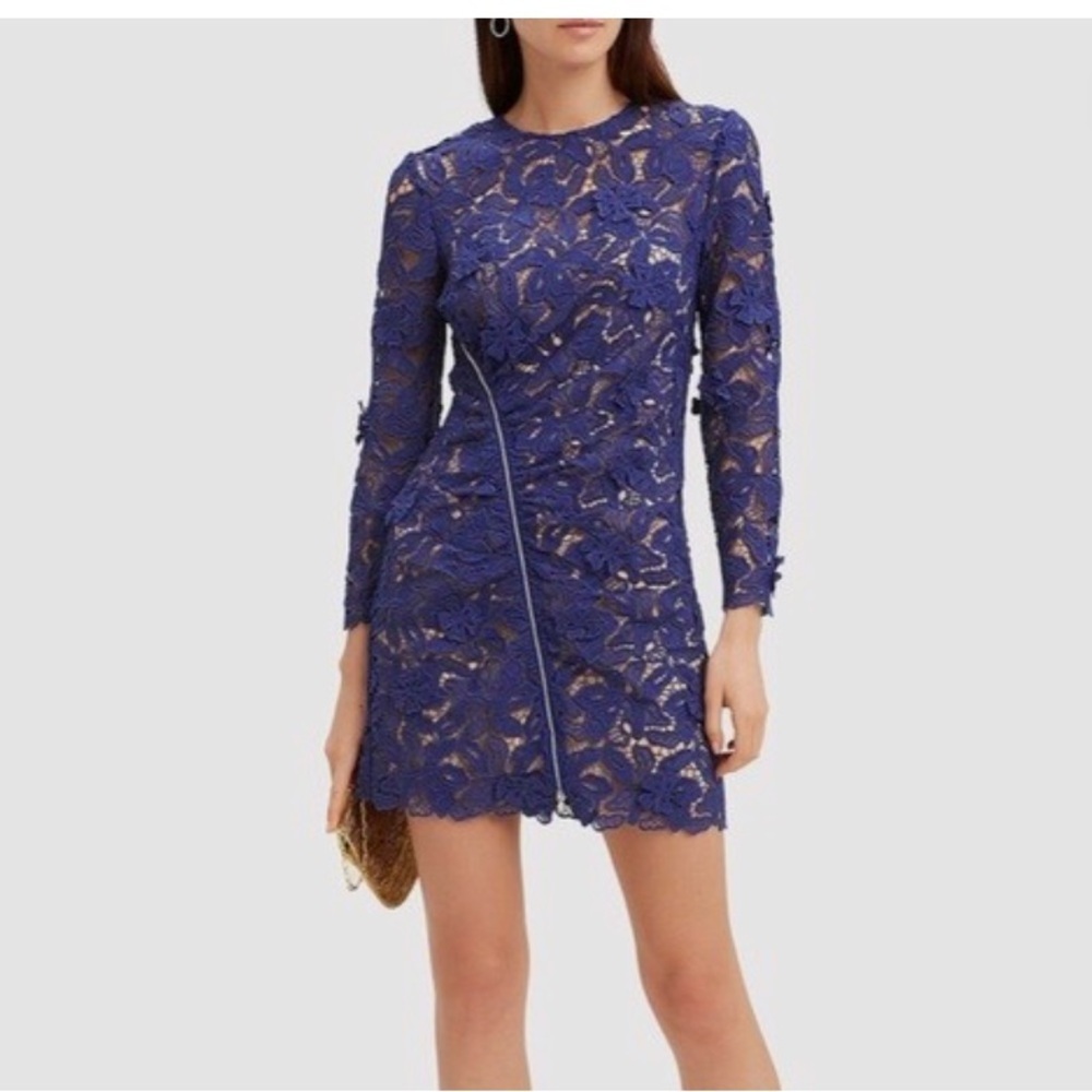 Self Portrait Blue 3D Lily long sleeve Lace Mini Dress 8 NWT